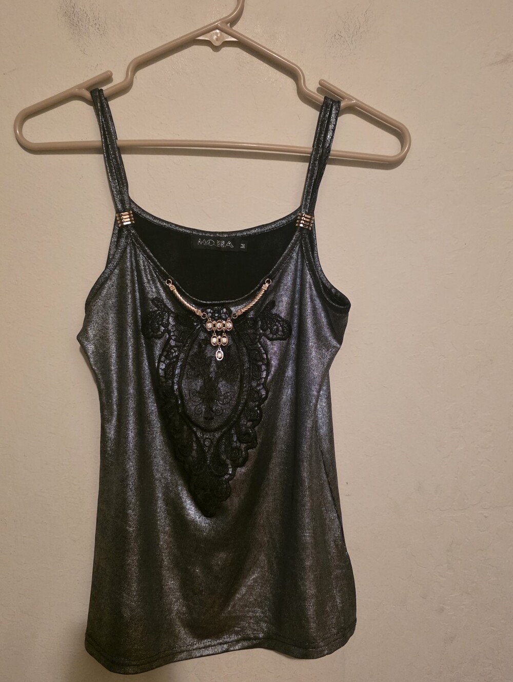 Mossa  Women’s Black and silver metallic lace  Camisole Tank Top M Goth